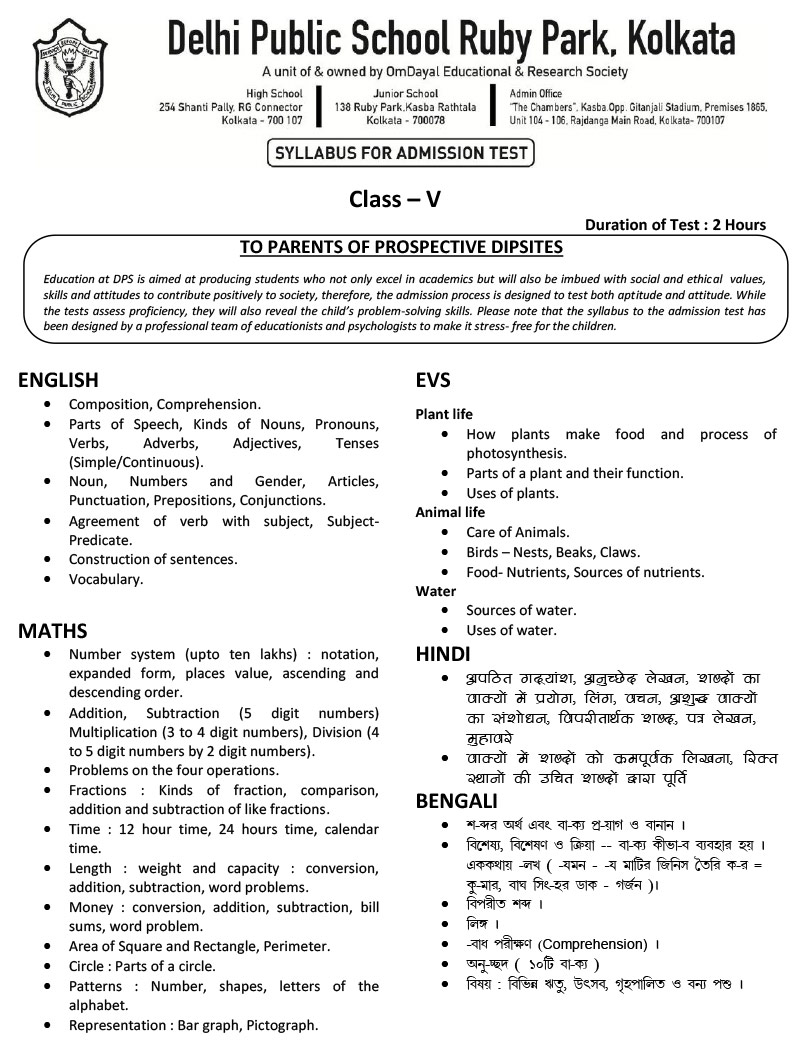 Syllabus for Assessment, Class-V, 2024-25