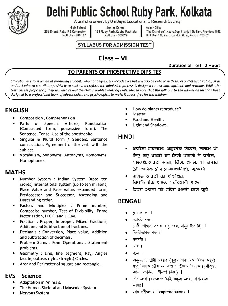 Syllabus for Assessment, Class-VI, 2024-25