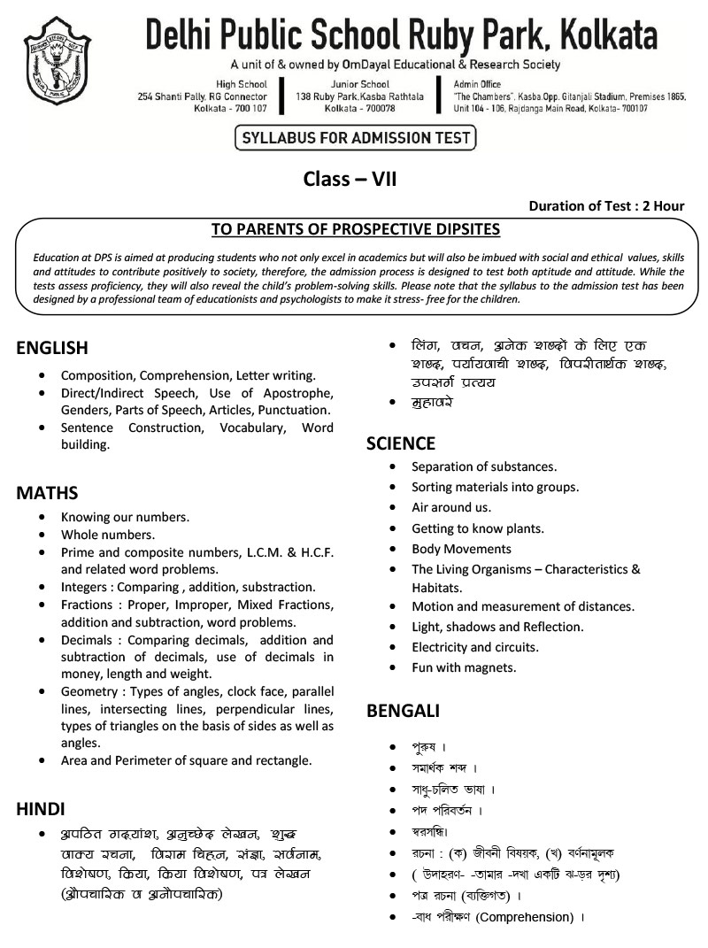 Syllabus for Assessment, Class-VII, 2024-25
