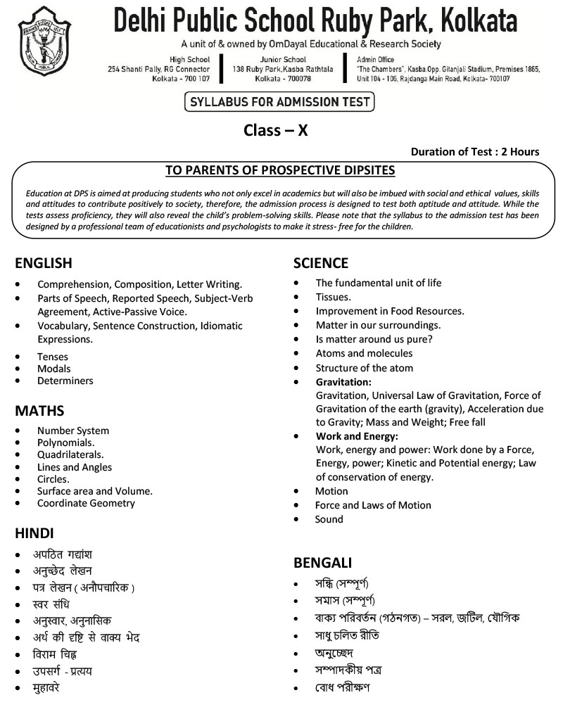 Syllabus for Assessment, Class-X, 2025-26