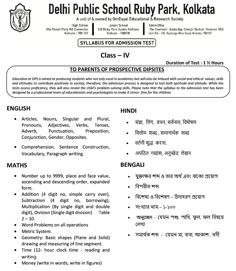 Syllabus for Assessment, Class-IV, 2025-26