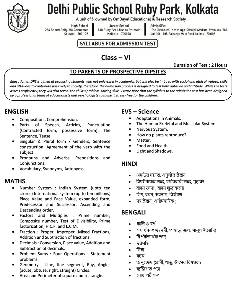 Syllabus for Assessment, Class-VI, 2025-26