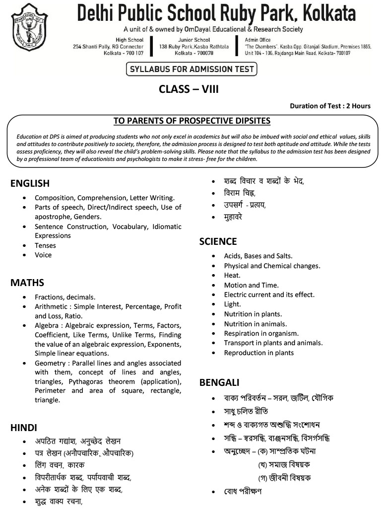 Syllabus for Assessment, Class-VIII, 2025-26